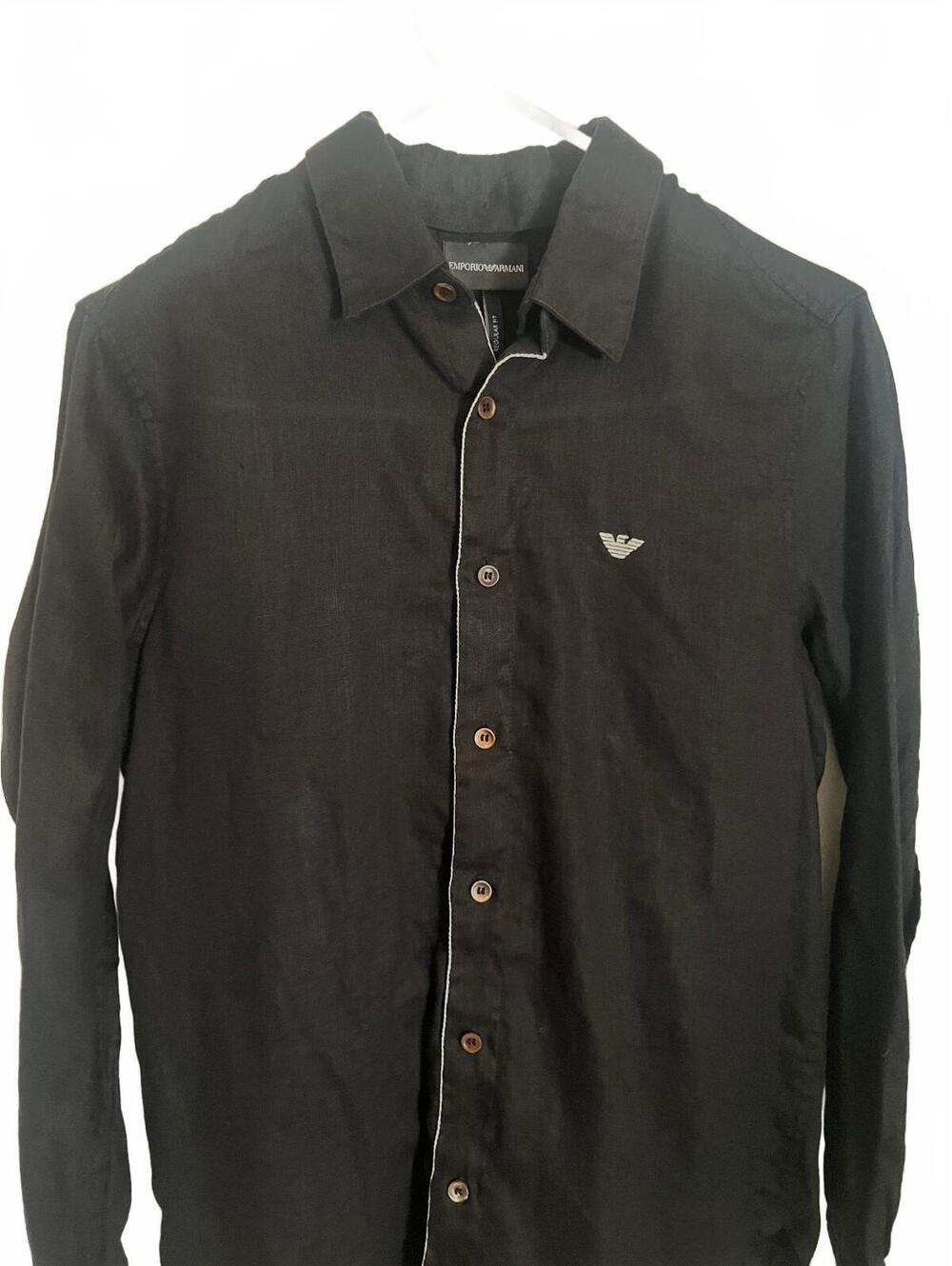 Emperio Armani Linen Blend Button Down Shirt Regular Fit Sz XS Black Logo